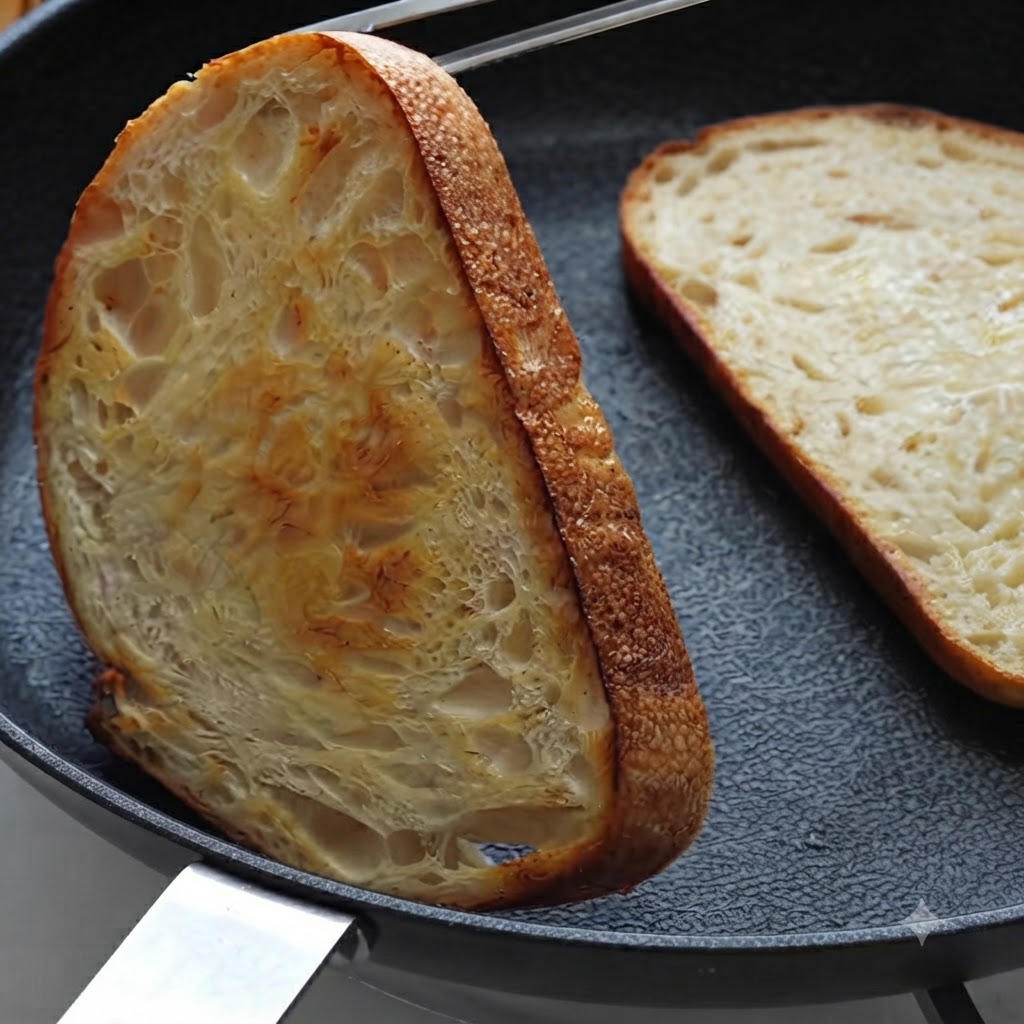 Sauerteigbrotscheiben in der Pfanne werden mit einer Zange gewendet, bis sie goldbraun sind.