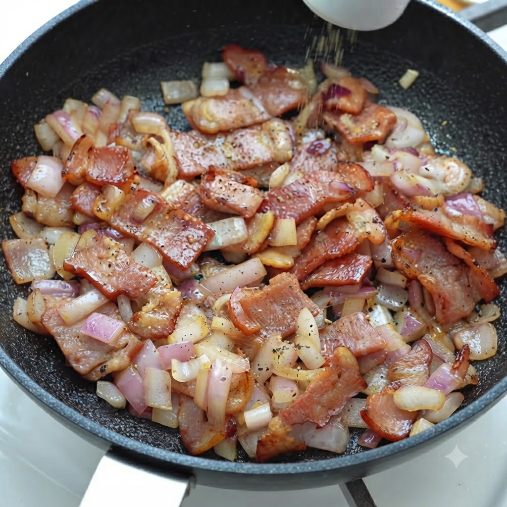 Schwarzer Pfeffer wird über den brutzelnden Bacon und die Zwiebeln in der Pfanne gemahlen.