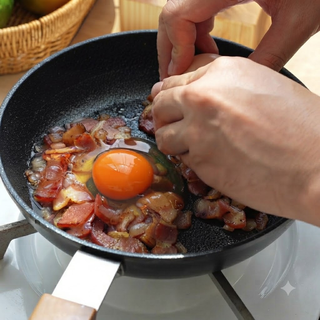 Ein Paar Hände schlägt ein Ei direkt in die Pfanne mit Bacon und Zwiebeln.