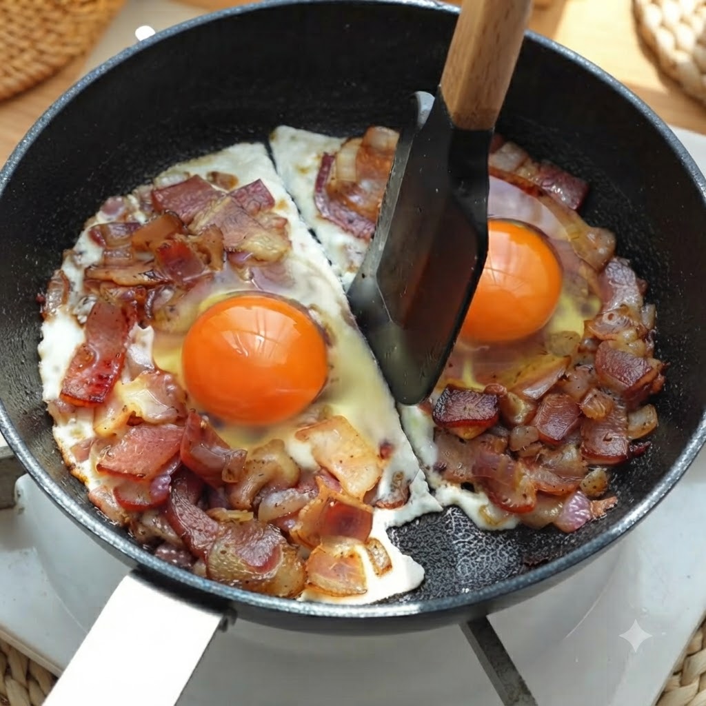 Ein Pfannenwender teilt die zwei garenden Eier und Baconportionen in der Mitte der Pfanne.
