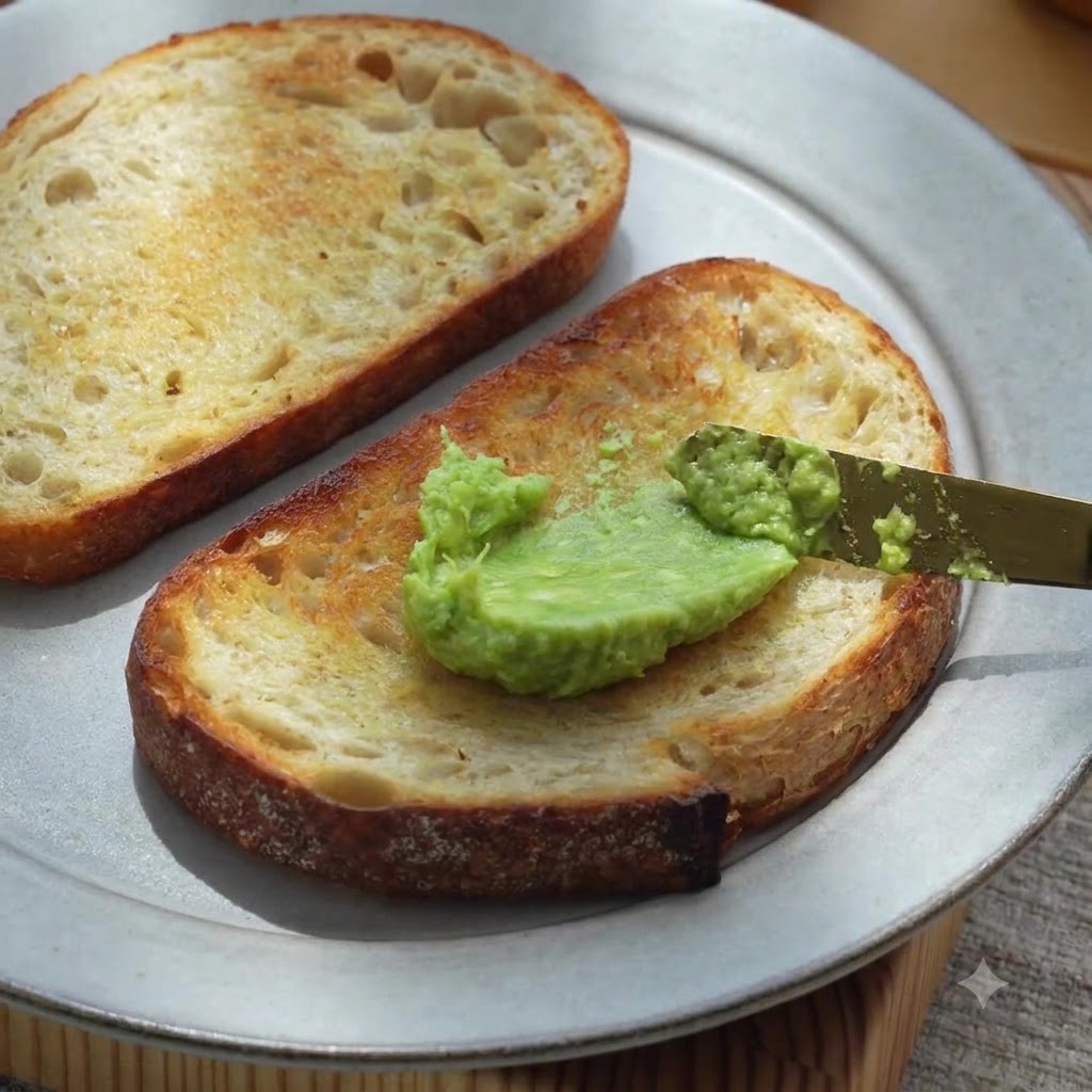 Grünes Avocadopüree wird mit einem Buttermesser gleichmäßig auf dem getoasteten Sauerteigbrot verstrichen.