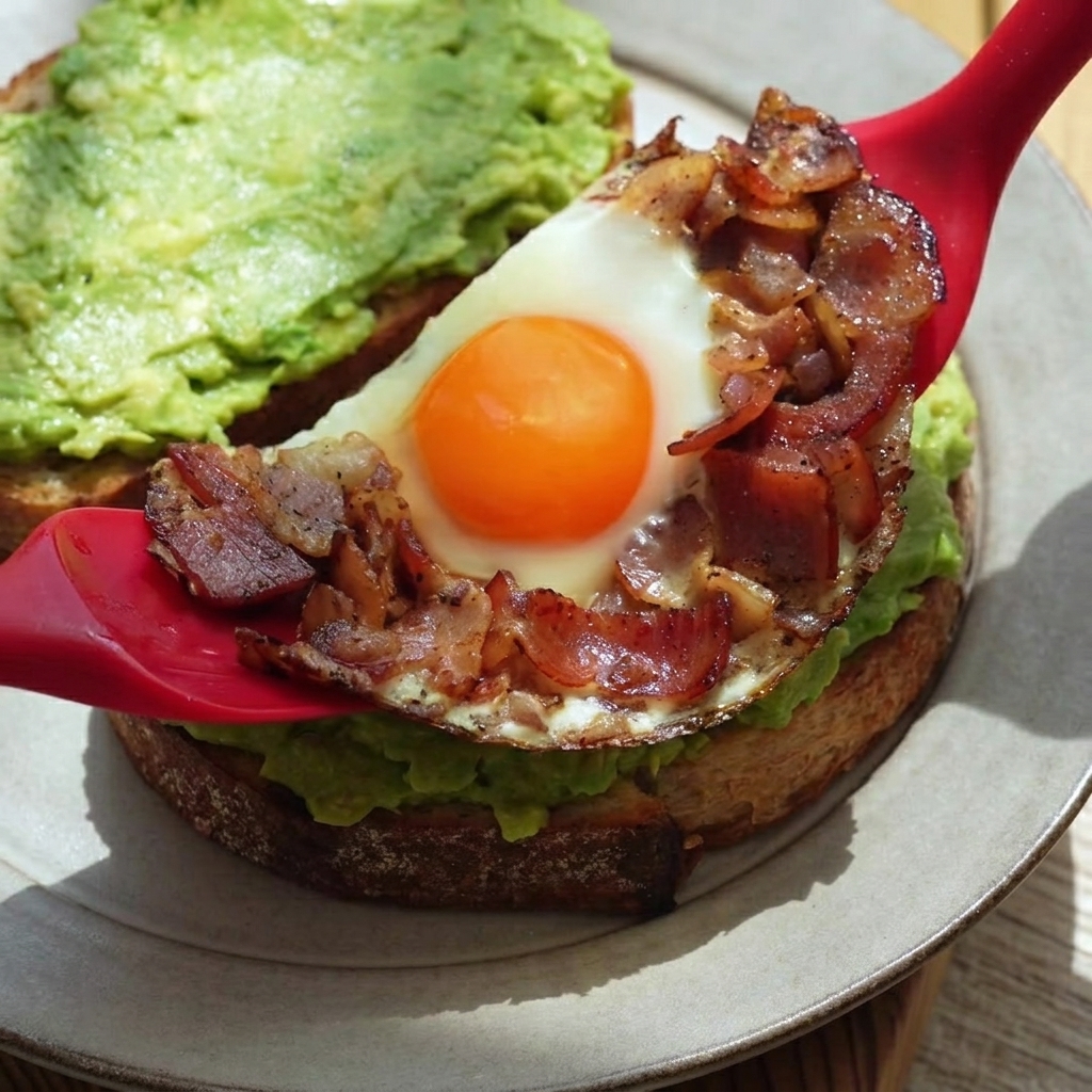 Ein roter Pfannenwender hebt einen gekochten Abschnitt aus gebratenem Bacon und Ei an, um ihn auf den Avocadotoast zu legen.
