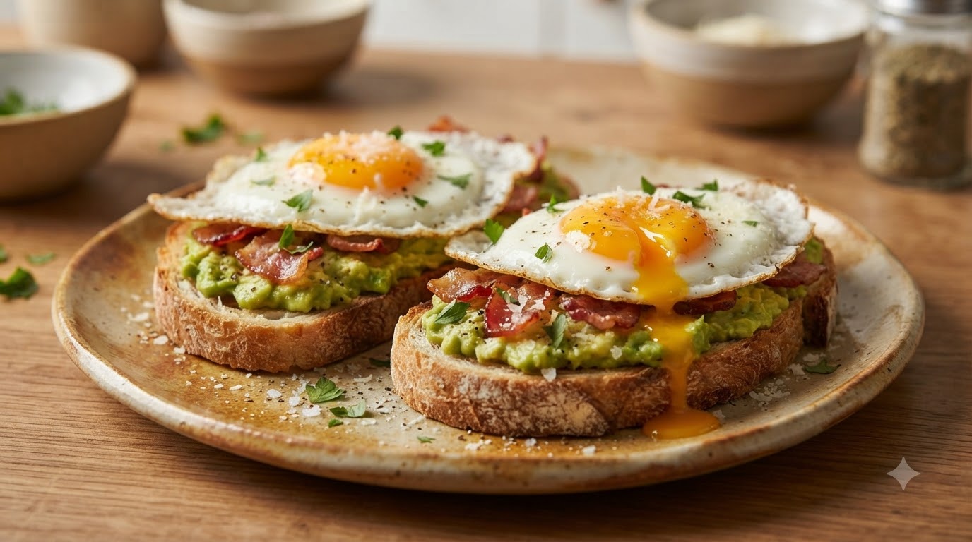 Knuspriges Avocado-Bacon-Spiegelei-Sandwich