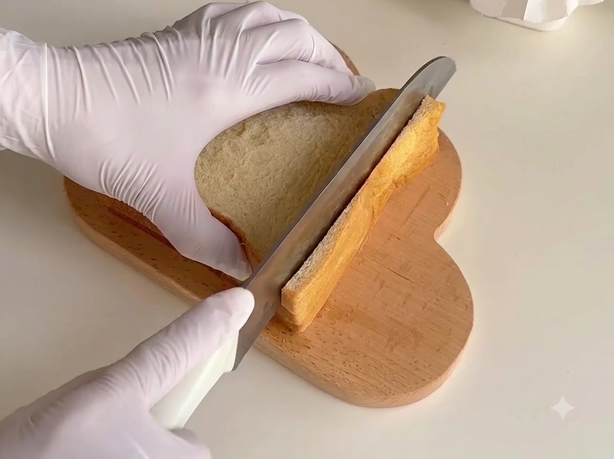 Ein Messer schneidet die Ränder von gestapeltem Weißbrot auf einem Holzbrett ab.
