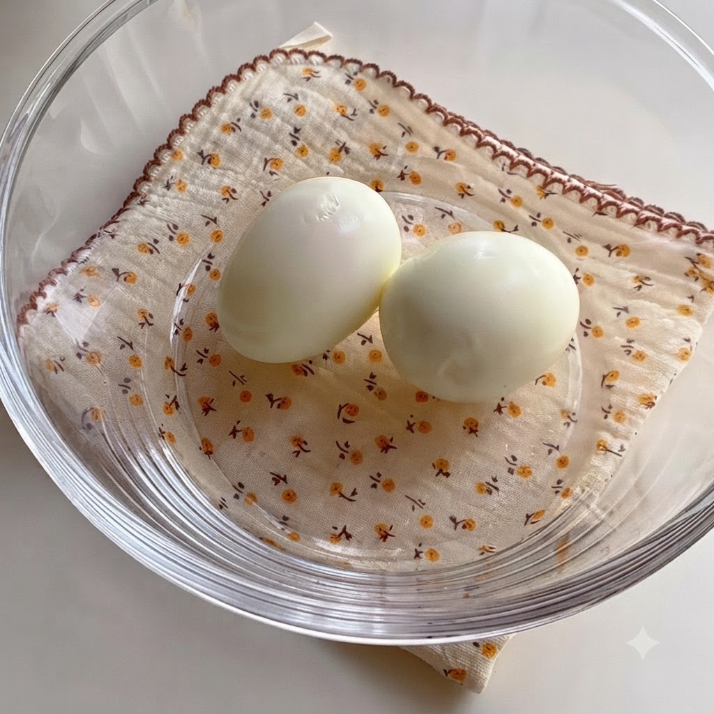 Zwei geschälte harte Eier in einer Glasschüssel, bestreut mit schwarzem Pfeffer.