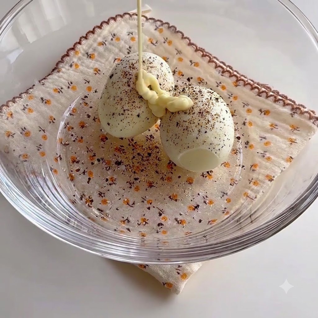 Mayonnaise wird aus einer Tube auf die gewürzten harten Eier in einer Schüssel gedrückt.