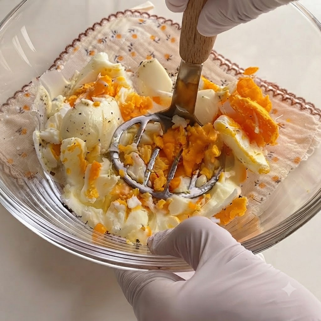 Ein Handkartoffelstampfer aus Metall zerkleinert harte Eier und Mayonnaise in einer Glasschüssel.
