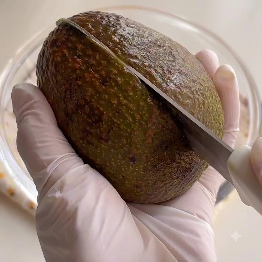 Ein Messer schneidet durch die Mitte einer ganzen Avocado in behandschuhten Händen.