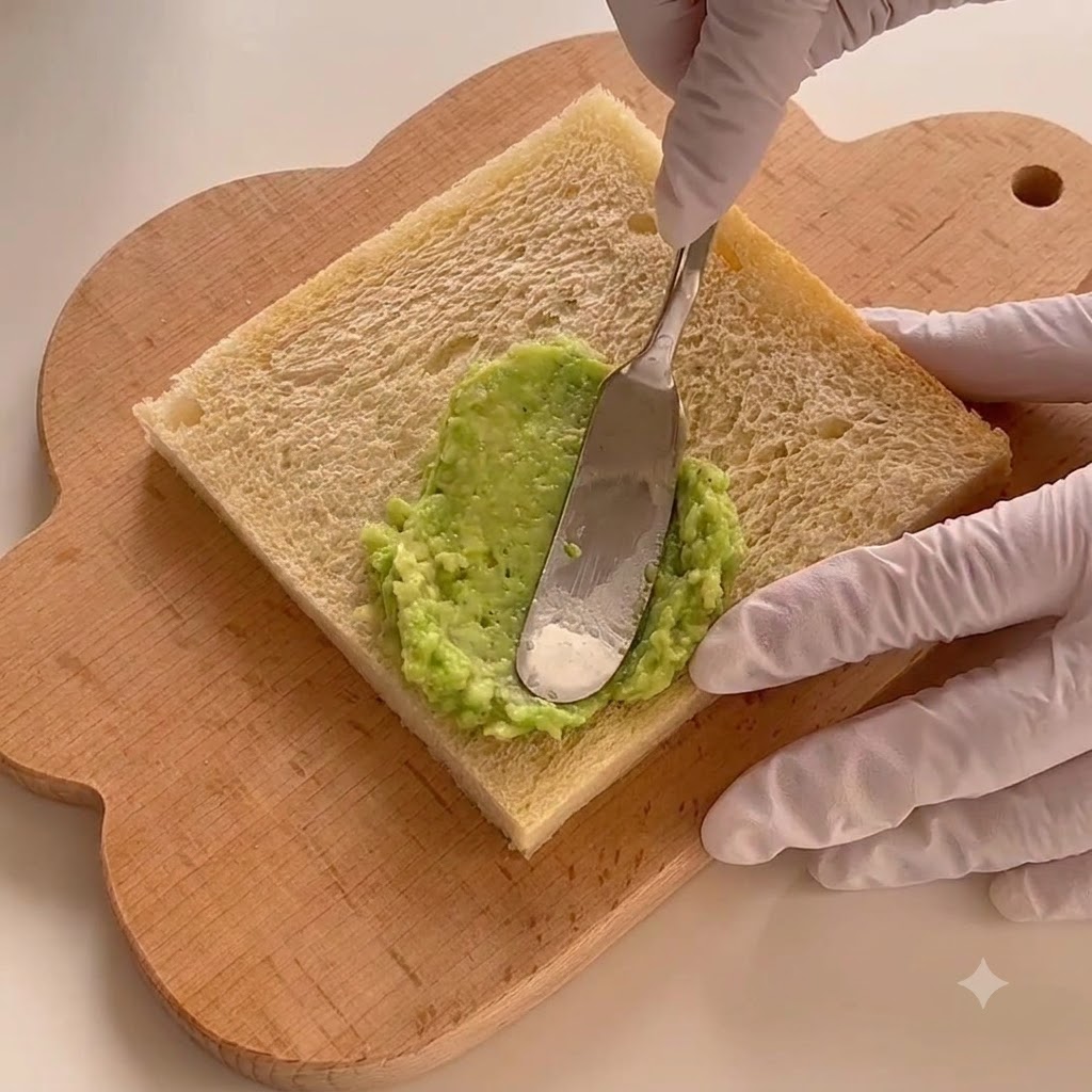Leuchtend grüne Avocadopaste wird gleichmäßig auf einer Weißbrotscheibe auf einem Brett verstrichen.
