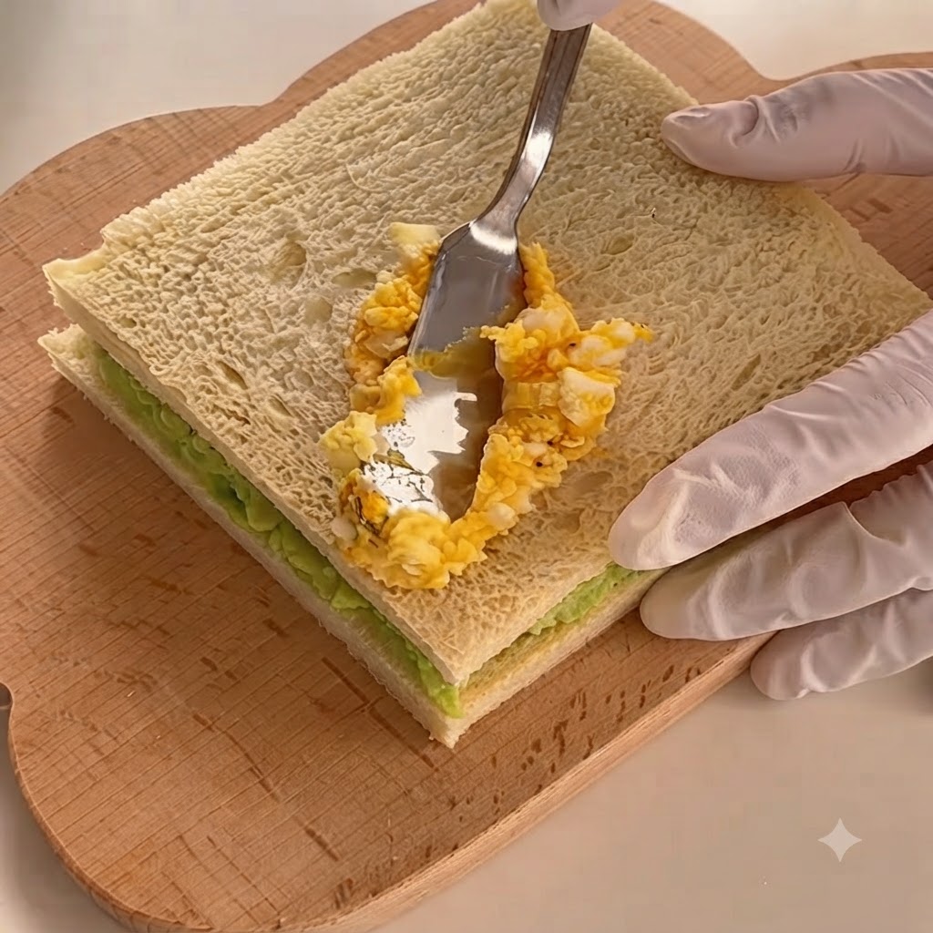 Vorbereiteter Eiersalat wird mit einem Messer auf der zweiten Brotscheibe verteilt.