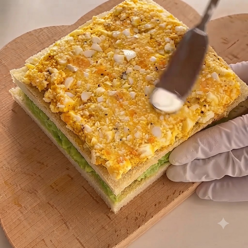 Eine dritte Weißbrotscheibe wird auf den Eiersalat gelegt, um das Sandwich zu vollenden.