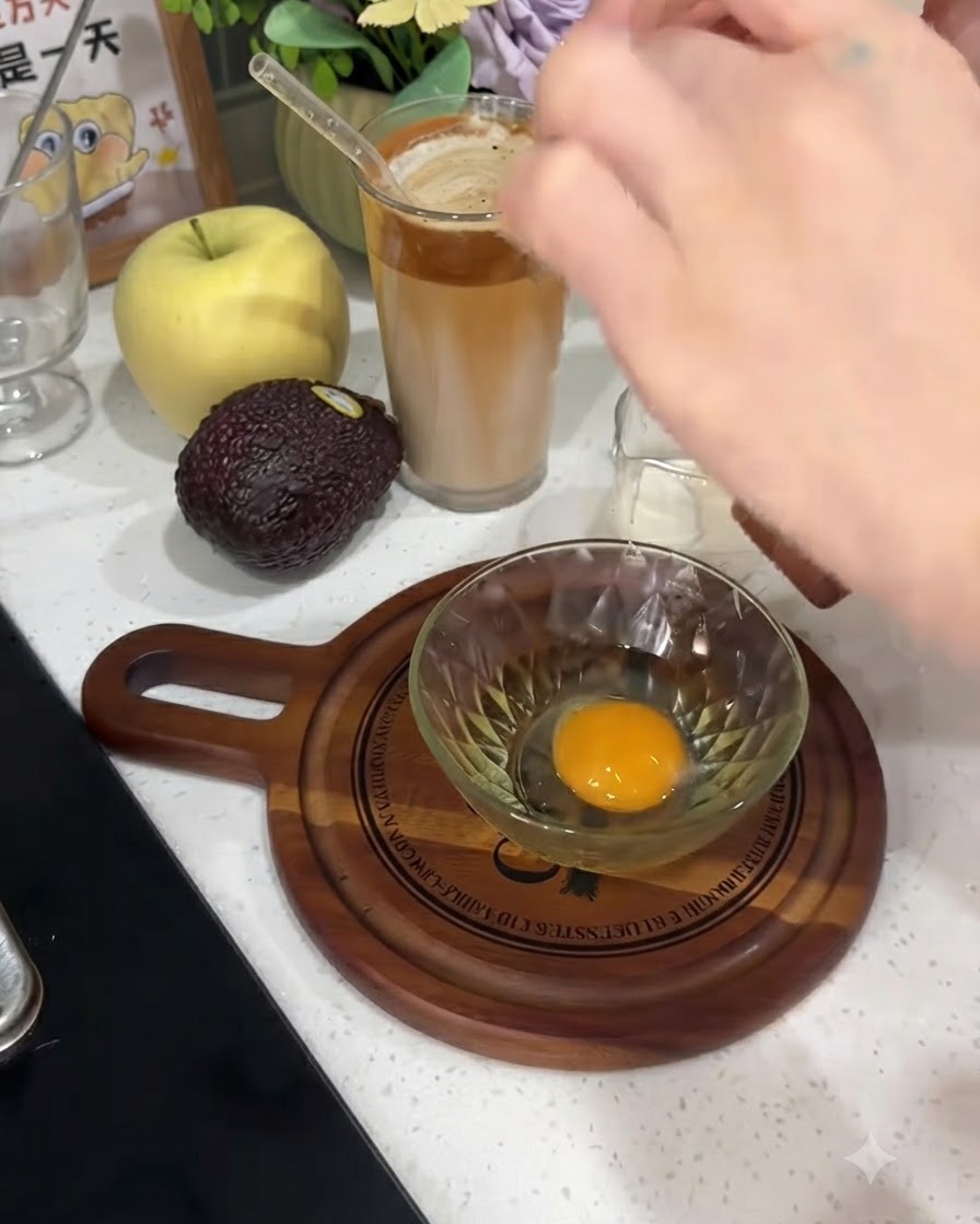 Ein rohes Ei wird aufgeschlagen und in eine kleine, durchsichtige Glasschüssel auf einem Holzbrett gegeben.