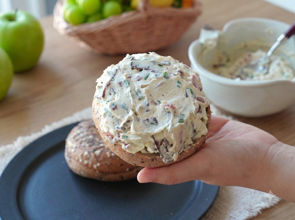 Die obere Hälfte eines gerösteten Bagels wird zum Schließen des Sandwichs über die Frischkäsefüllung gelegt.