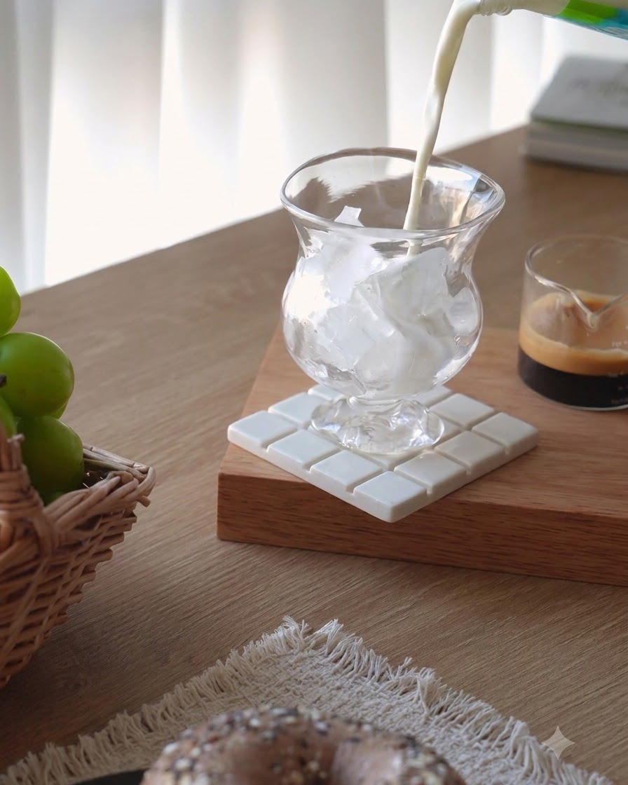 Frische Milch wird aus einem Karton in ein Klarglas gefüllt, das mit Eiswürfeln auf einem Holzuntersetzer gefüllt ist.