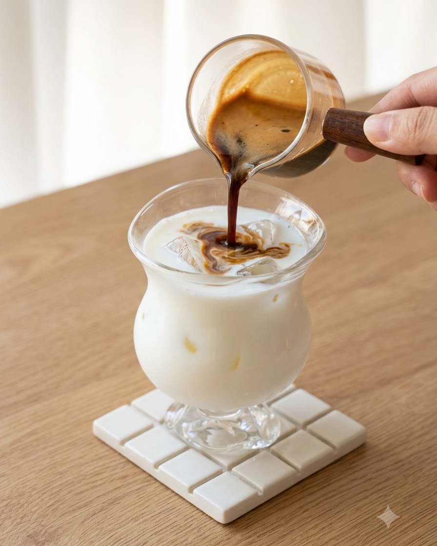 Reichhaltiger, dunkler Kaffee wird aus einer Glaskanne in ein Glas mit Milch und Eis gegossen, wodurch wirbelnde Muster entstehen.