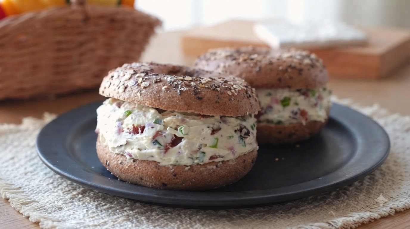 Zwei üppig belegte Bacon-Frischkäse-Bagel-Sandwiches auf einem schwarzen Teller mit einem Iced Latte