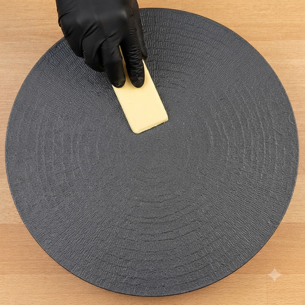 Eine Person in schwarzen Handschuhen verteilt Butter mit einem Schaber auf einer runden, schwarzen Plancha.