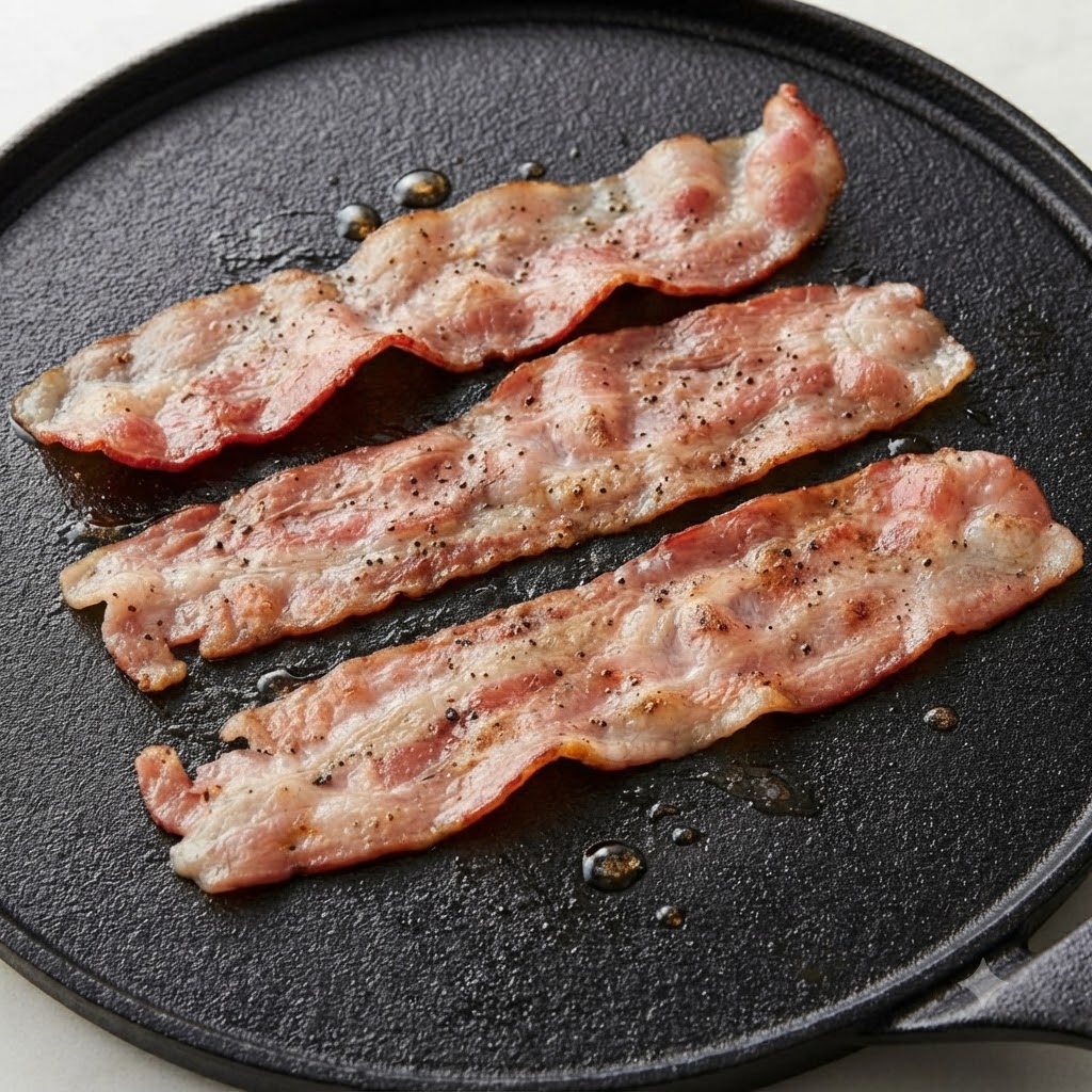 Drei Streifen roher Speck, gewürzt mit schwarzem Pfeffer, brutzeln auf einer schwarzen Gusseisen-Grillplatte.