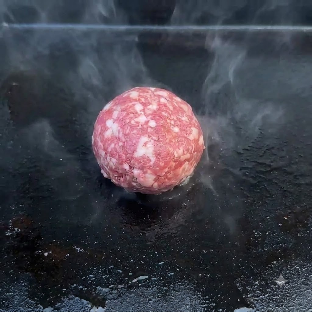 Eine Kugel rohes Rinderhackfleisch ruht auf einer rauchig heißen schwarzen Grillplatte, umgeben von Dampfschwaden.
