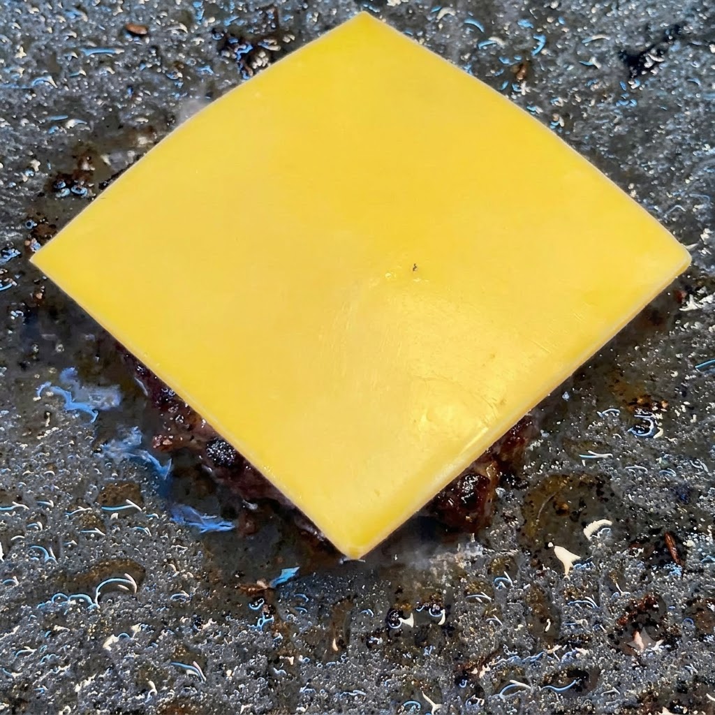 Eine quadratische Scheibe gelber amerikanischer Käse liegt zentriert auf einem brutzelnden Rinderpatty auf einer dunklen Grillplatte.