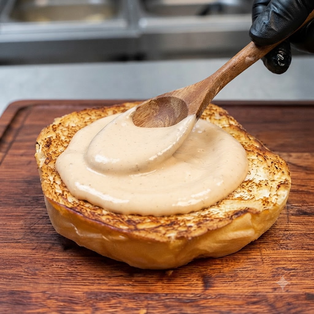 Ein Holzlöffel verteilt Sauce auf einem getoasteten Burgerbrötchen auf einem Holzbrett.