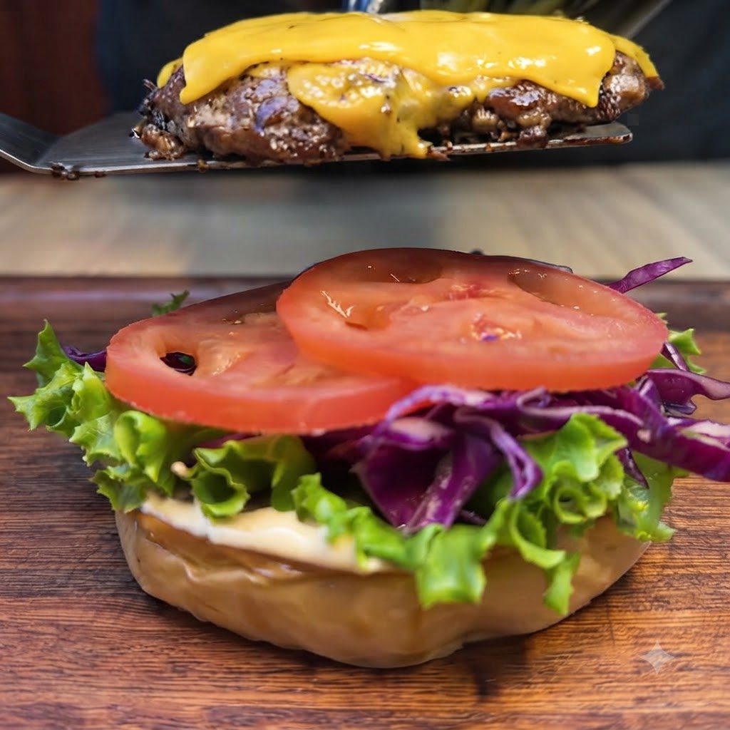 Ein Pfannenwender platziert ein Rinderpatty mit geschmolzenem Käse auf einer vorbereiteten Burgerbasis.