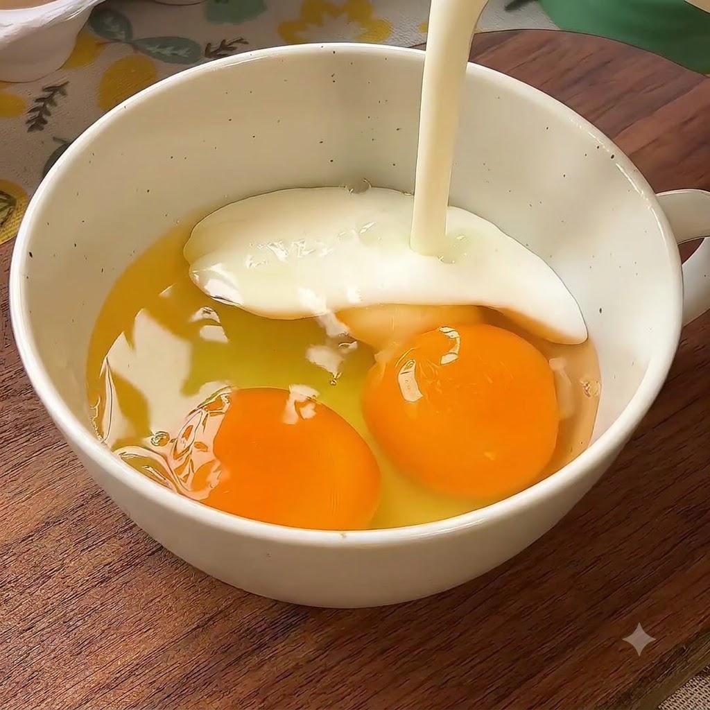 Milch strömt in eine Schüssel mit aufgeschlagenen Eiern.