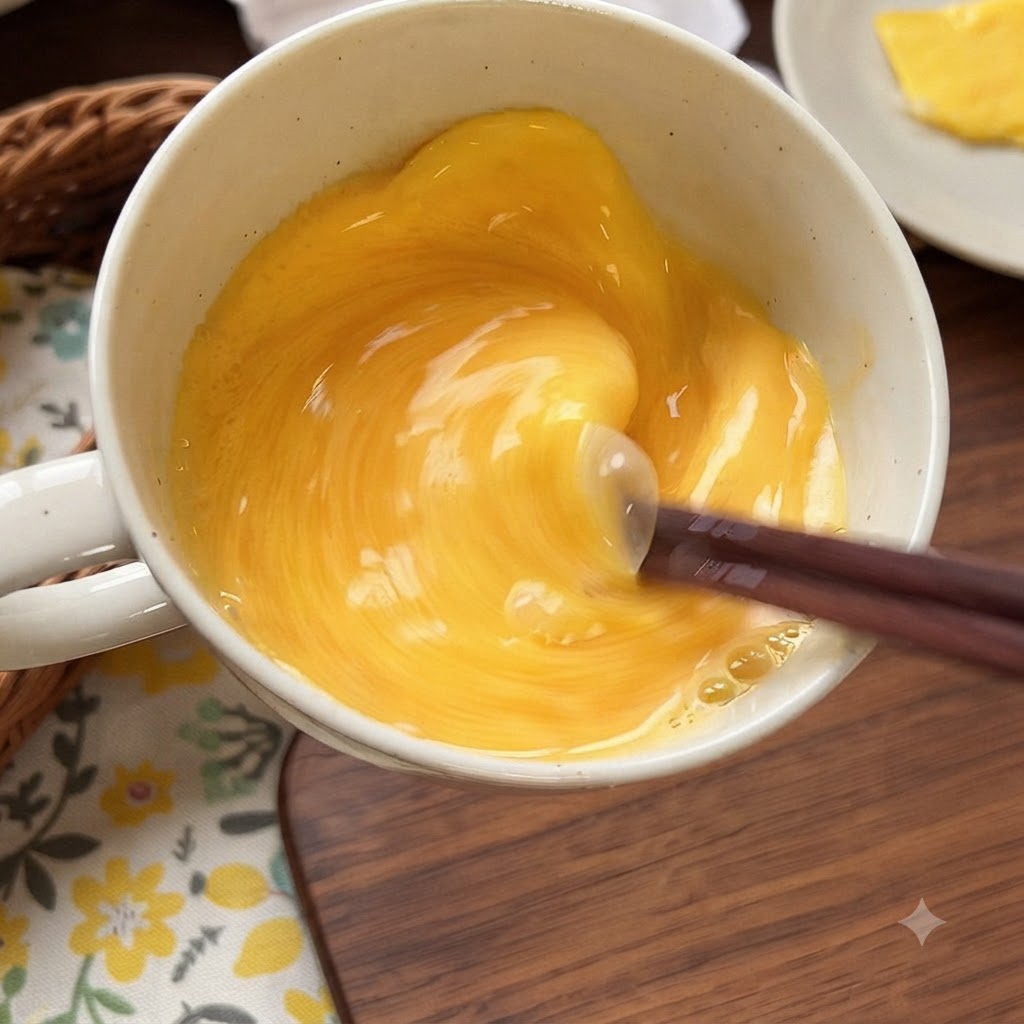 Stäbchen verquirlen Eier und Milch in einer Schüssel.