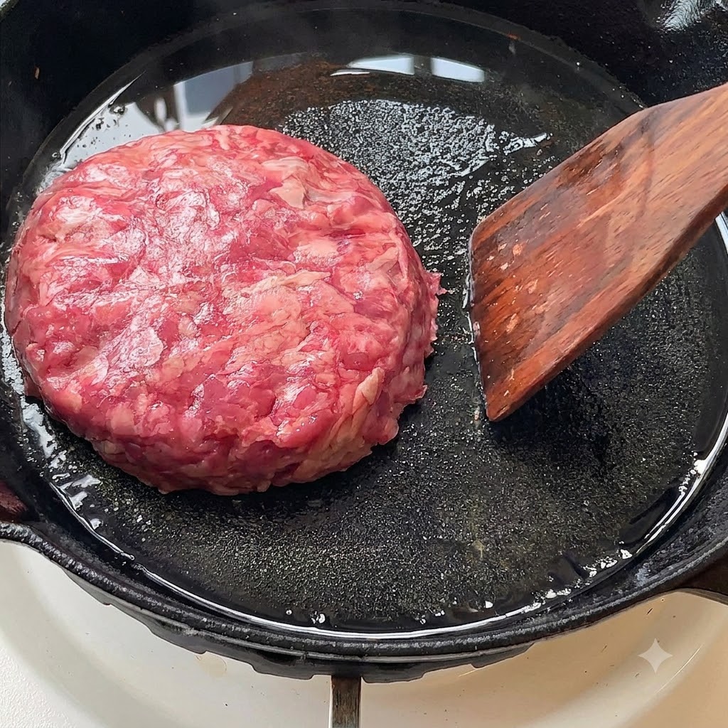 Rohes Rinderpatty brät in einer geölten Pfanne.