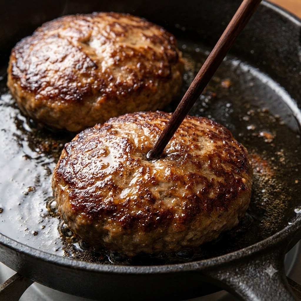 Nahaufnahme eines Holzstäbchens in einem bräunenden Hamburgerpatty in einer Gusseisenpfanne.