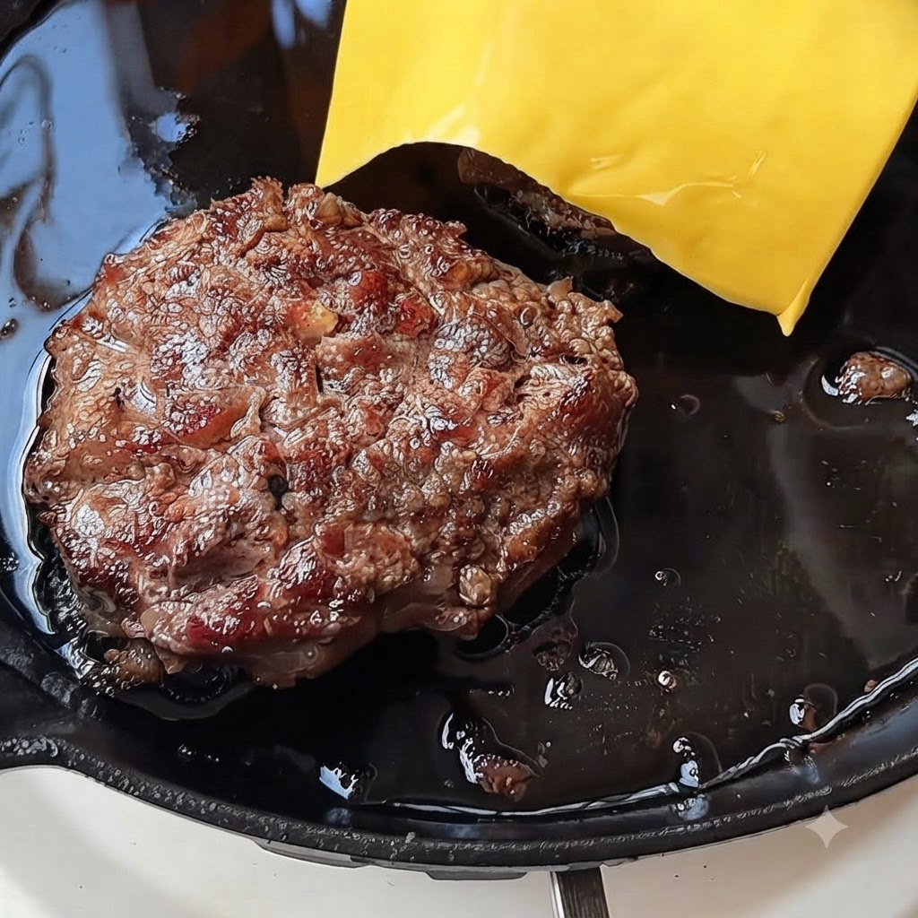 Zwei Scheiben gelber Käse schmelzen auf einem gekochten Hamburgerpatty in einer heißen Pfanne.