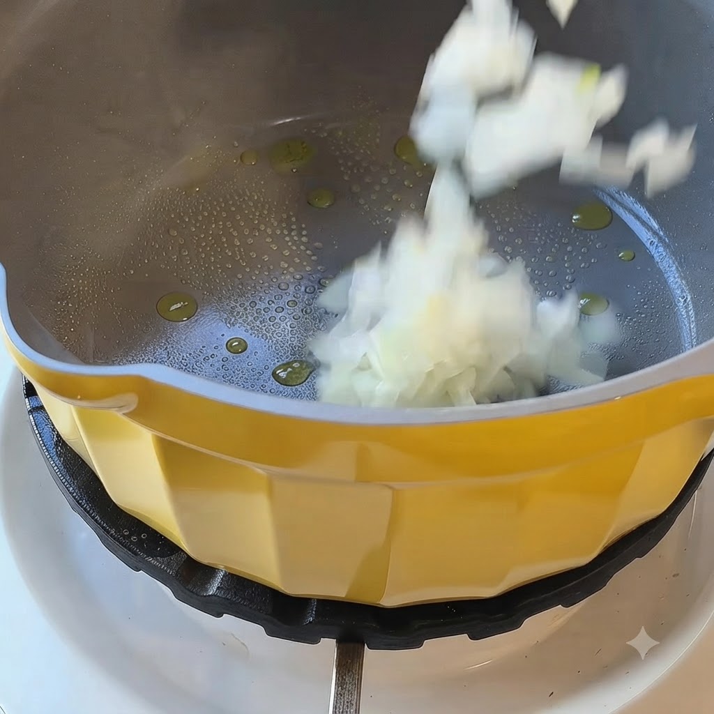 Gehackte weiße Zwiebeln fallen in einen gelben Topf mit heißem Öl auf einer Herdplatte.