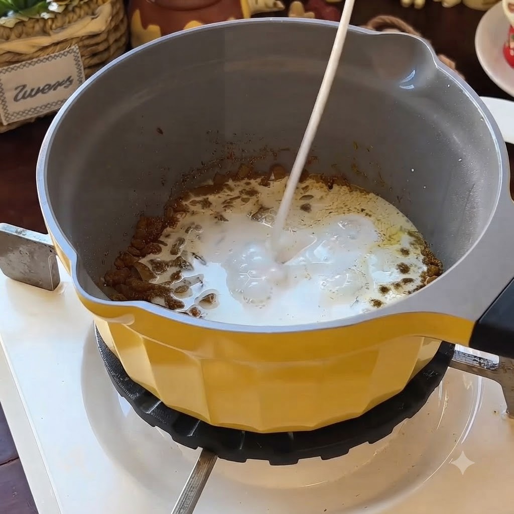 Kokosmilch wird aus einem Ausgießer in einen gelben Topf mit der gewürzten Zwiebelmischung gegossen.