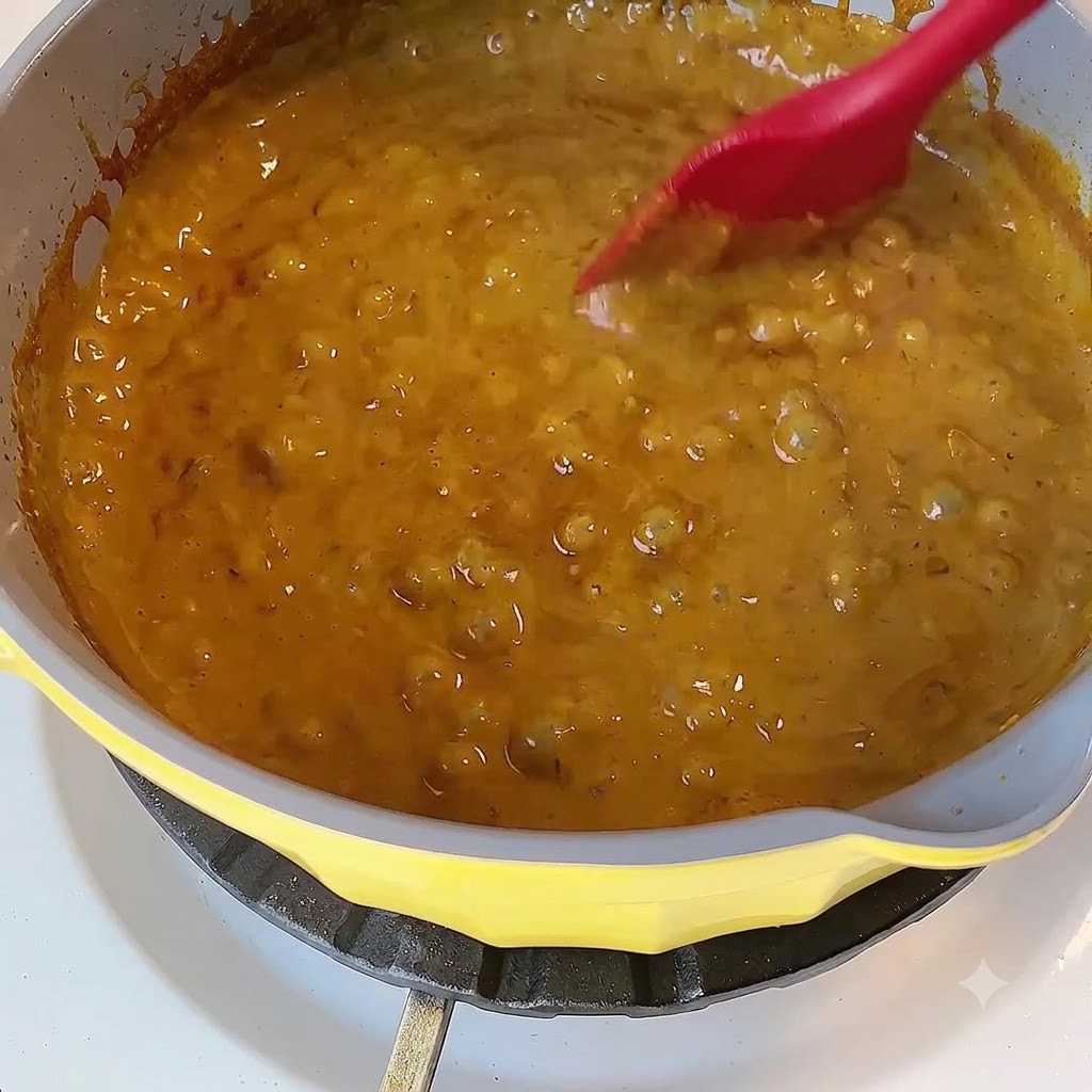 Dickflüssige gelbe Currysauce köchelt in einem gelben Topf und wird mit einem roten Silikonspatel umgerührt.
