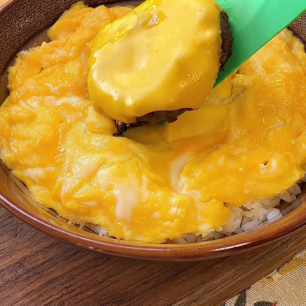 Ein cheeseburgerartiges Patty wird mit einem grünen Spatel angehoben und über ein Bett aus Rührei und Reis platziert.