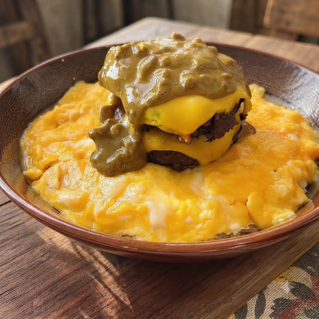 Dickflüssige Kokos-Currysauce wird über geschichtete Käse-Hamburgerpatties, Eier und Reis in einer Schüssel gegossen.