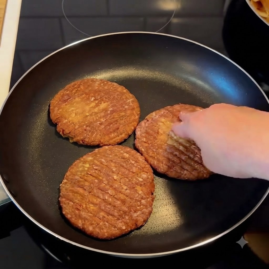 Eine Nahaufnahme einer Hand, die drei Burger-Patties in einer heißen Bratpfanne würzt.