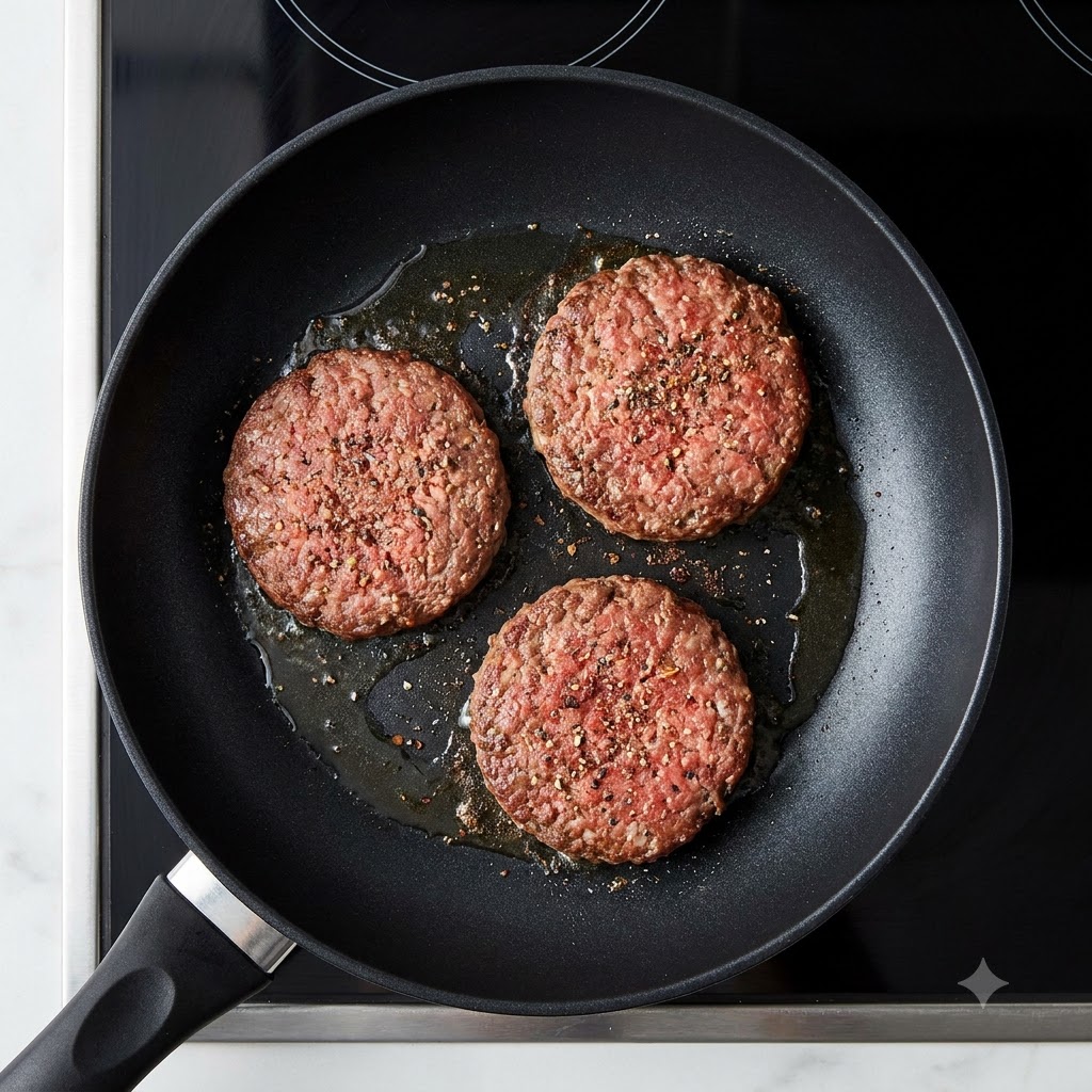 Ein Burger-Patty wird mit einem schwarzen Pfannenwender in einer Bratpfanne umgedreht.