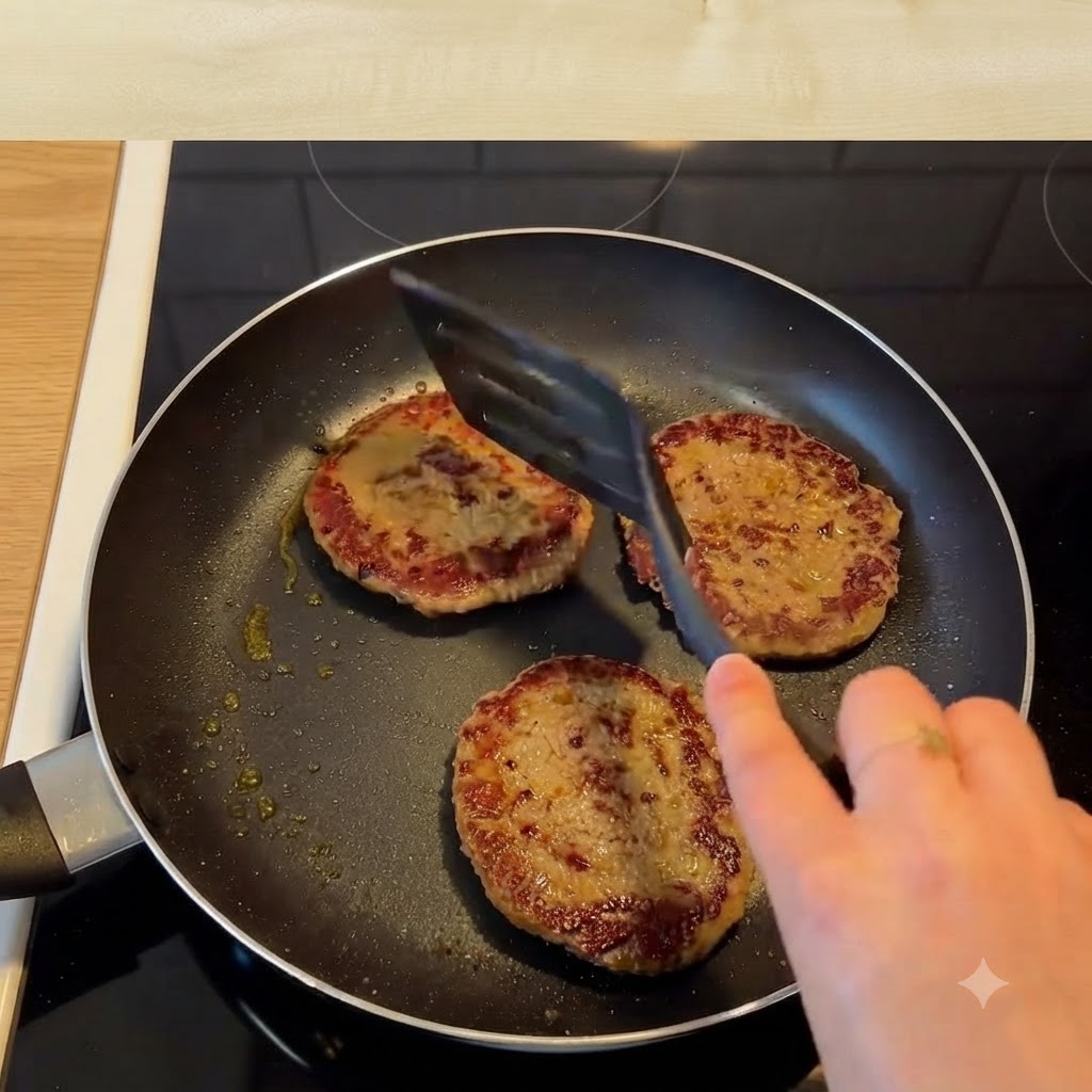 Kässcheiben auf heißen Burger-Patties, die in einer Pfanne braten.
