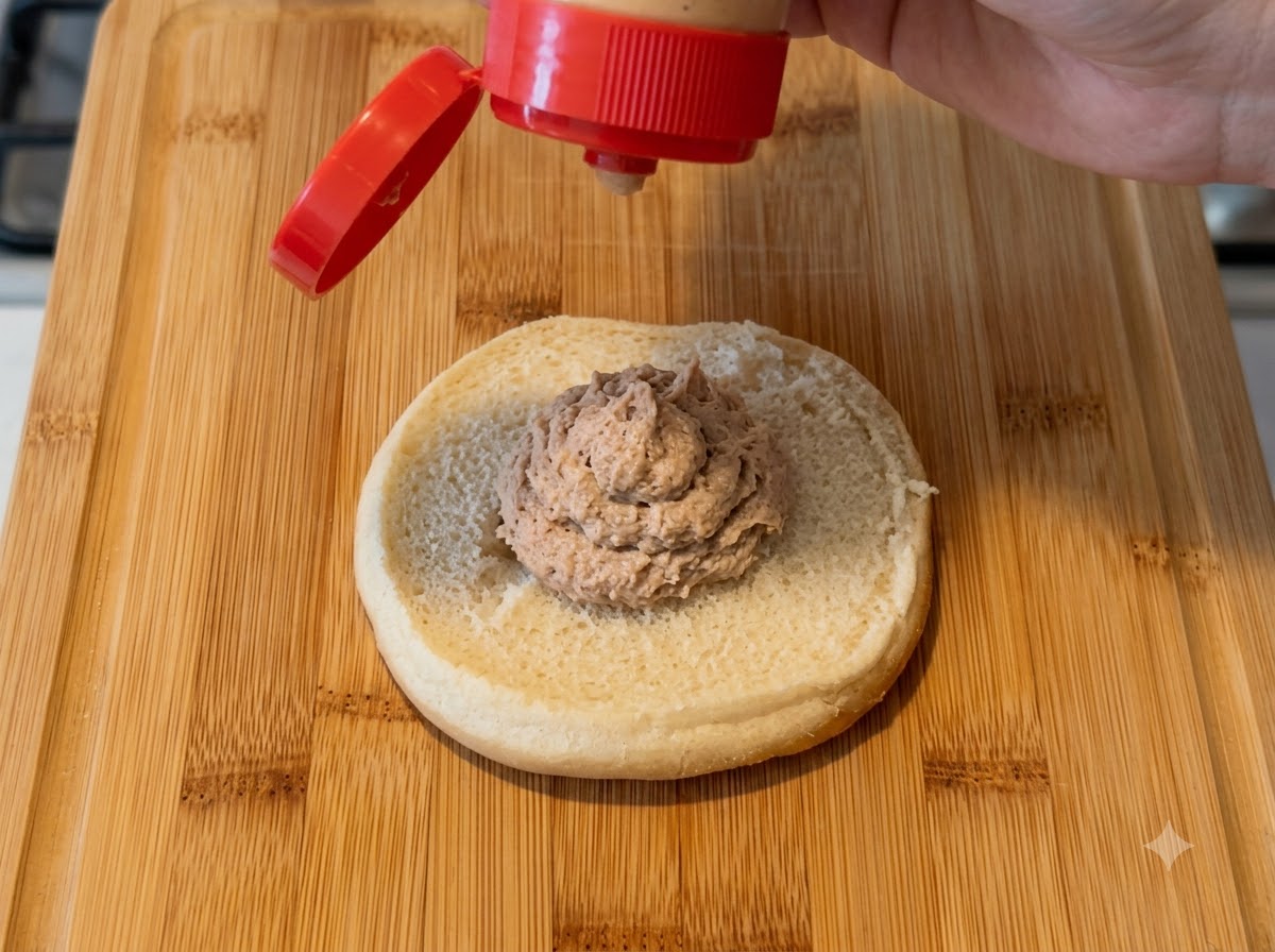 Eine Quetschtasche trägt Sauce auf die Mitte eines aufgeschnittenen Burgerbrötchens auf.