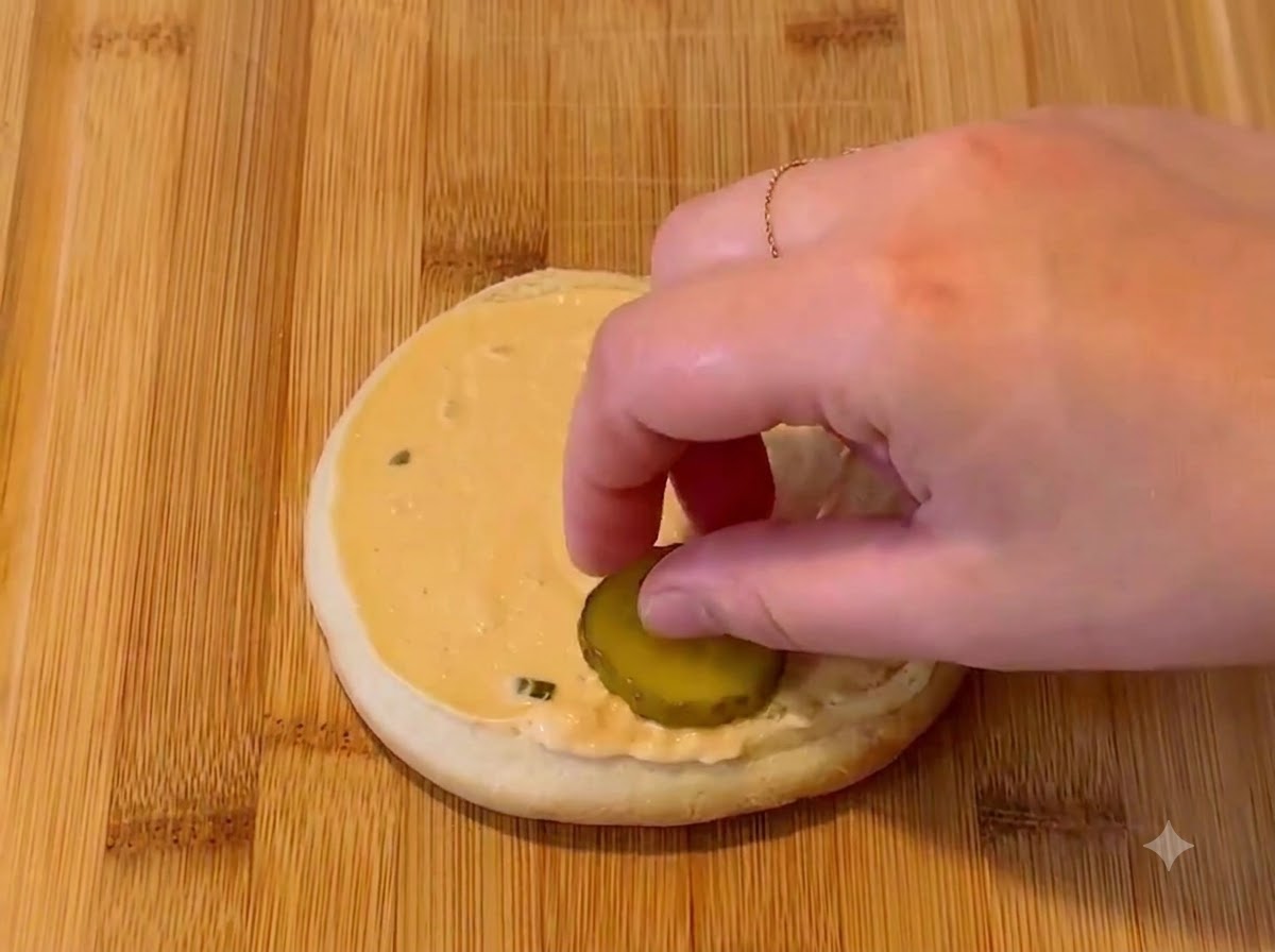 Eine Hand legt eine Gewürzgurkenscheibe auf ein mit Sauce bedecktes Burgerbrötchen.