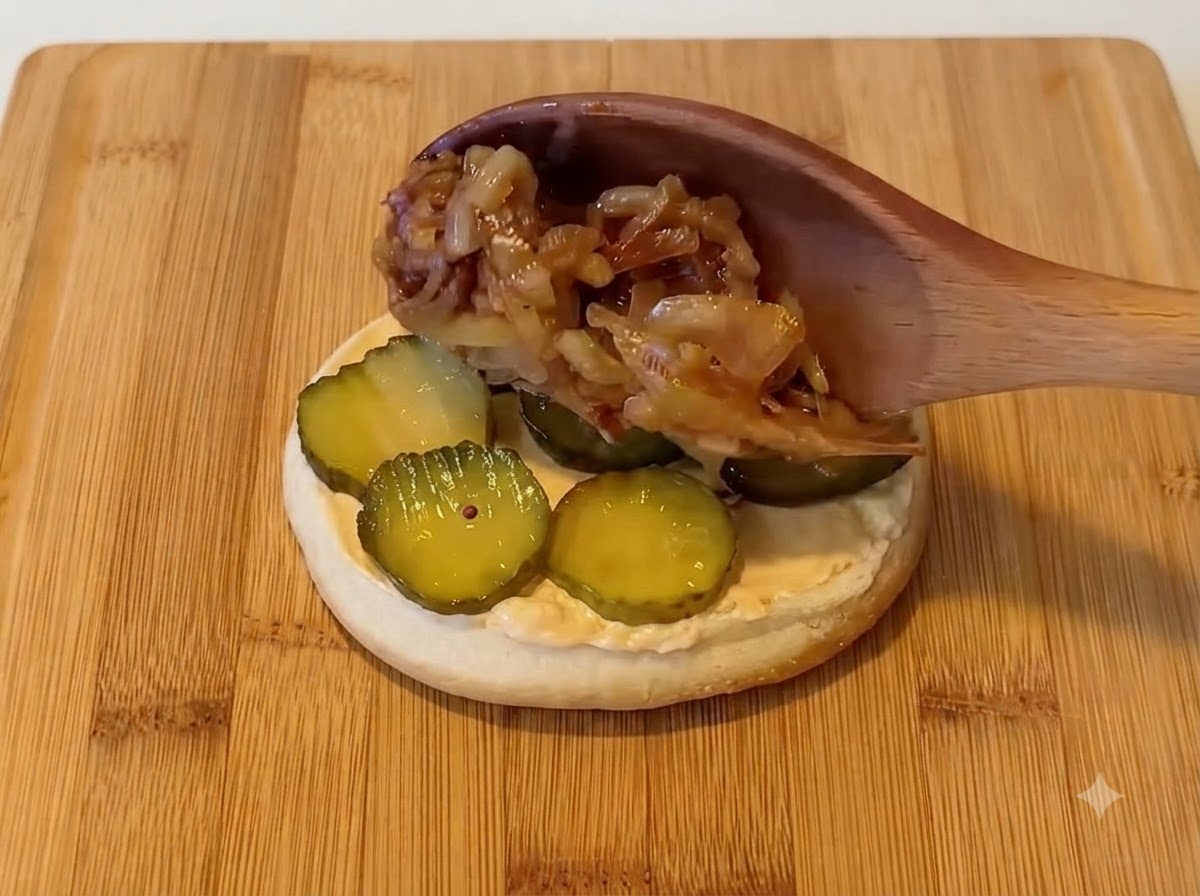 Ein Holzlöffel schöpft karamellisierte Zwiebeln auf Gurkenscheiben auf einem Burgerbrötchen.