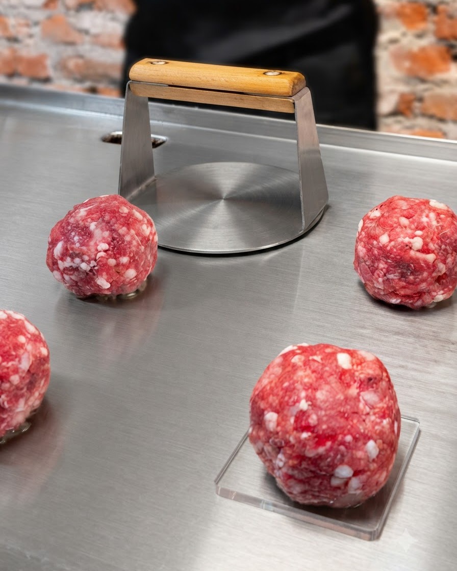 Ein Fleischpresswerkzeug drückt einen Rinderhackball auf einer heißen Edelstahl-Grillplatte flach.