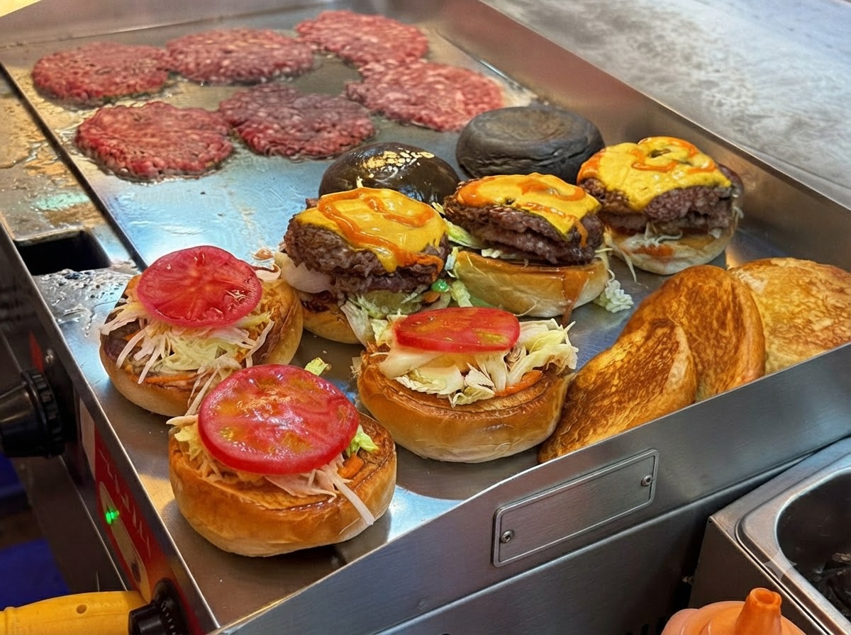Anbratende Burgerpatties mit geschmolzenem Käse neben vorbereiteten Hamburgerbrötchen, Salat und Tomatenscheiben.