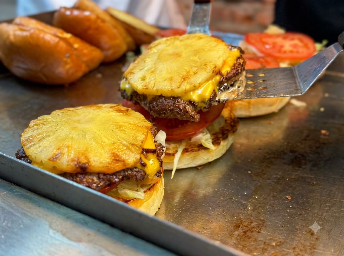 Ein Metallpfannenwender hebt ein gegrilltes Burgerpatty mit geschmolzenem Käse und einer Ananasscheibe auf einen Brötchenboden.
