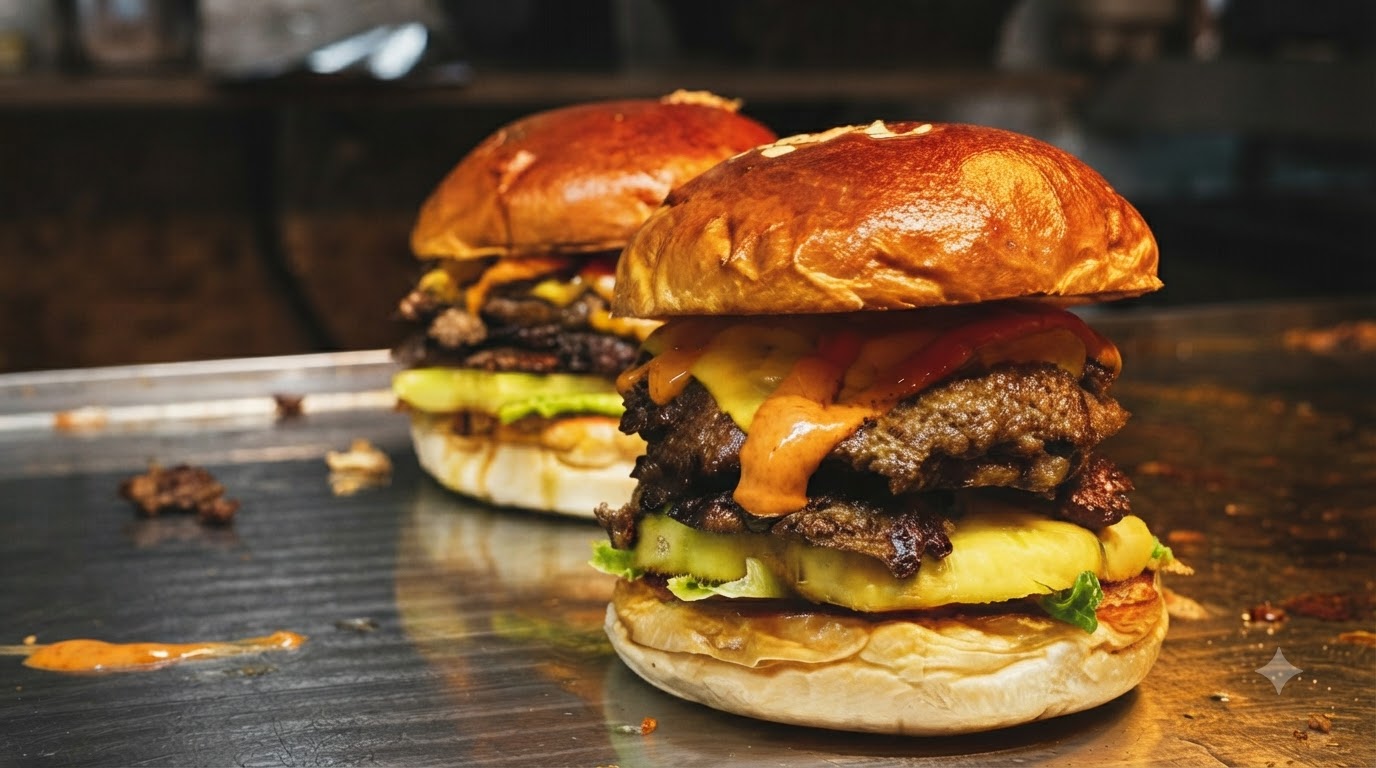 Zwei frisch zubereitete amerikanische Smash Burger mit Doppel-Rinderpatties, geschmolzenem Käse und gegrillter Ananas auf getoasteten Brioche-Brötchen.