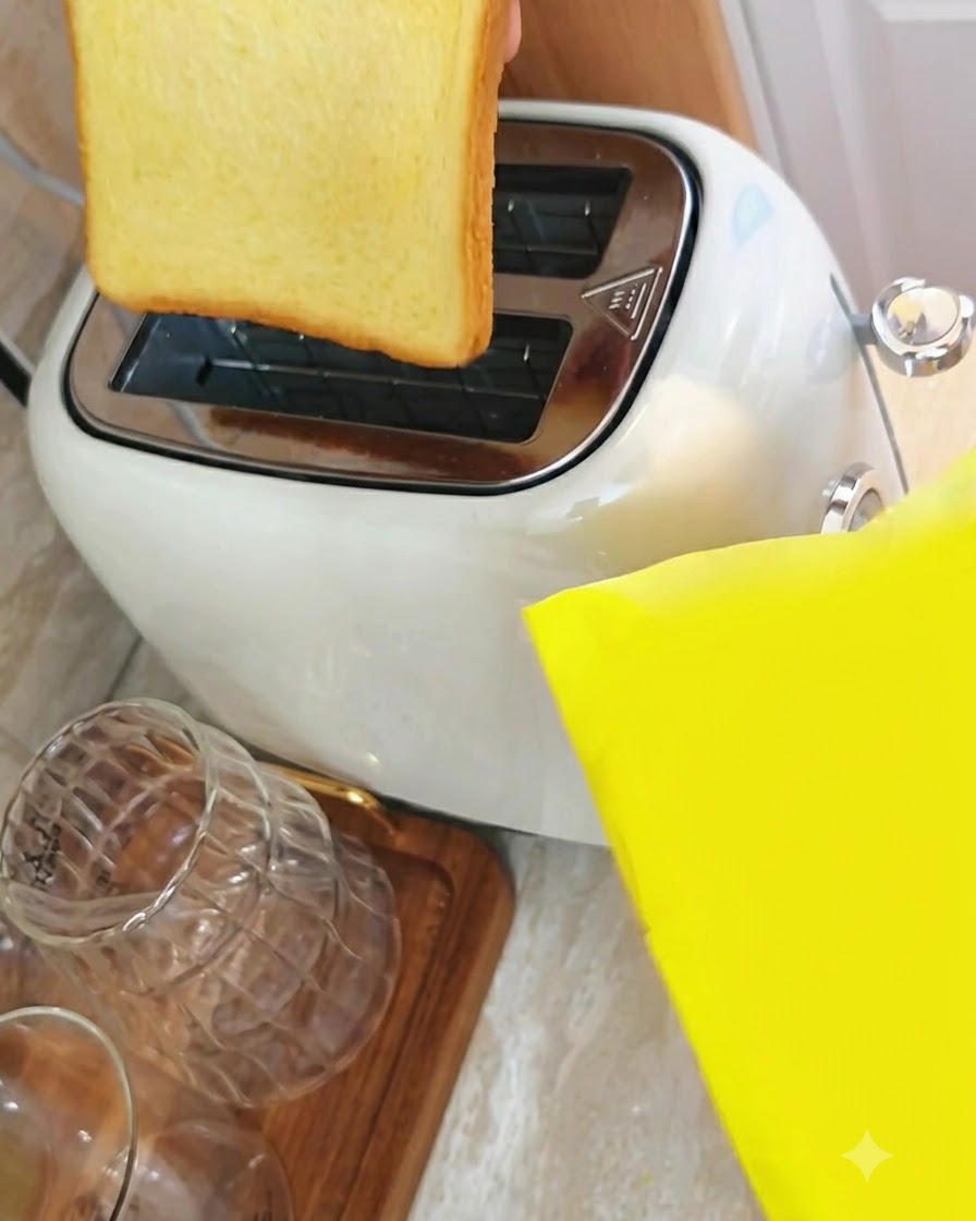 Zwei Scheiben zuckerarmes Maisbrot werden in die Schlitze eines weißen Toasters gesteckt.