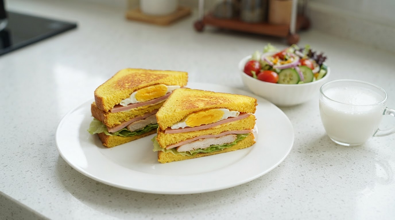 Ein aufgeschnittenes Schwarzpfeffer-Hähnchenbrust- und Schinken-Sandwich, serviert mit frischem Gemüsesalat und warmer Milch.