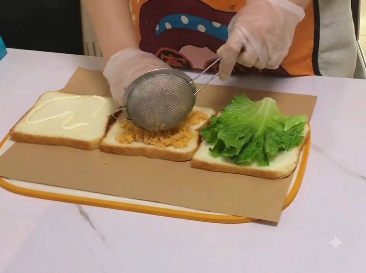Mais wird durch ein kleines Sieb gleichmäßig auf die Fleisch-Floss-Schicht gestreut.