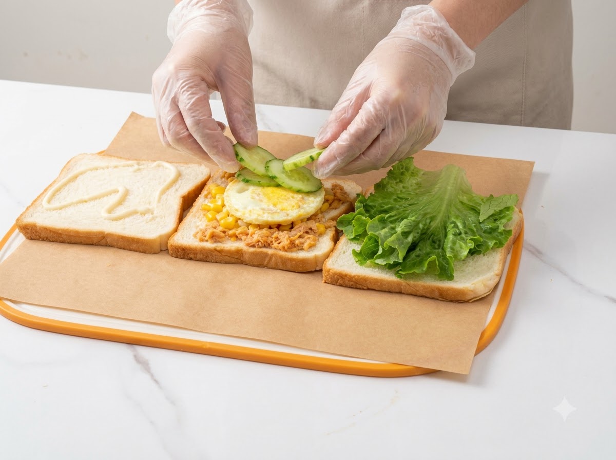 Gurkenscheiben und ein Spiegelei werden auf die Mais- und Fleisch-Floss-Schicht gelegt.